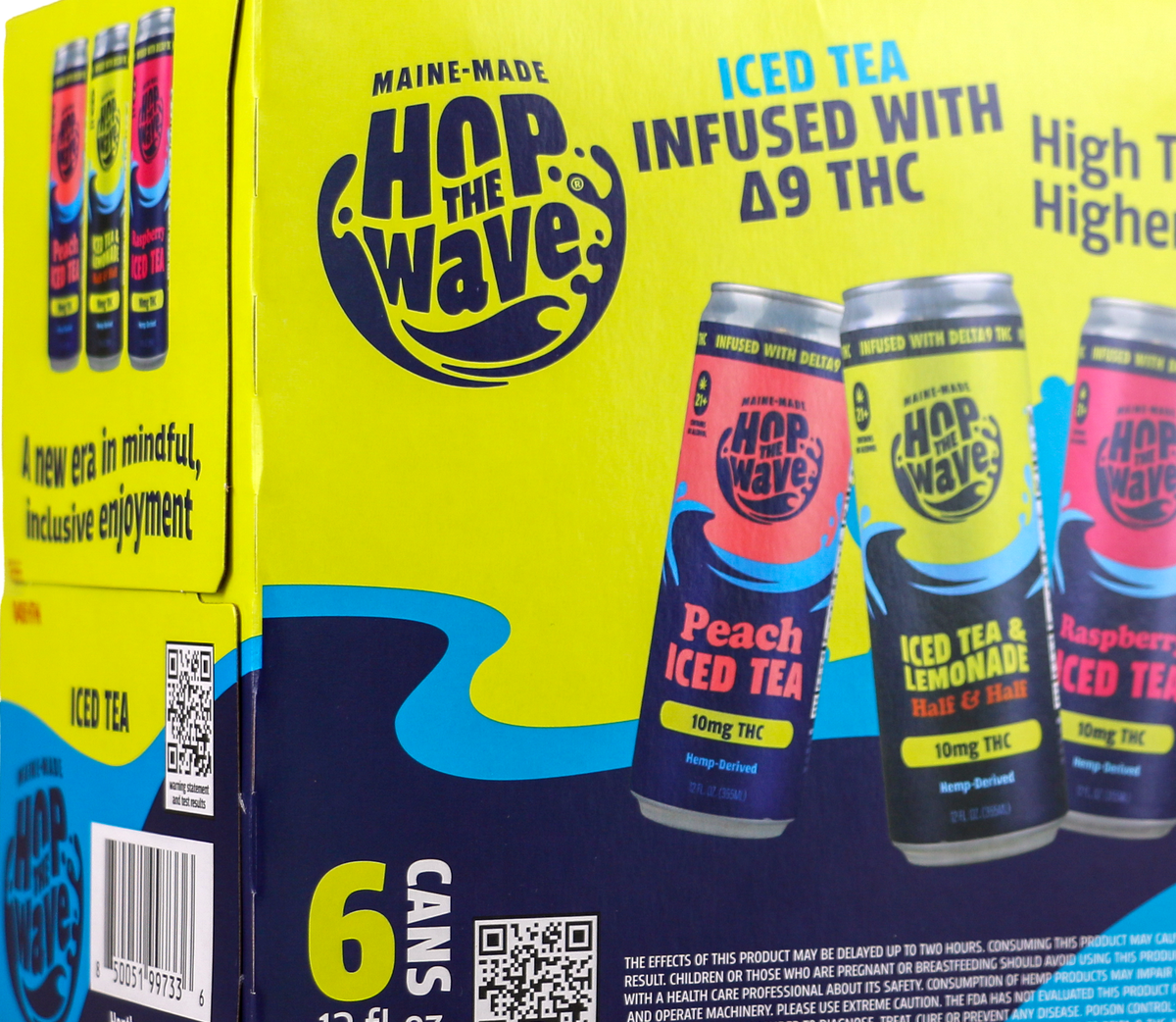Packaging of Hop the Wave iced tea cans with a yellow and blue design.