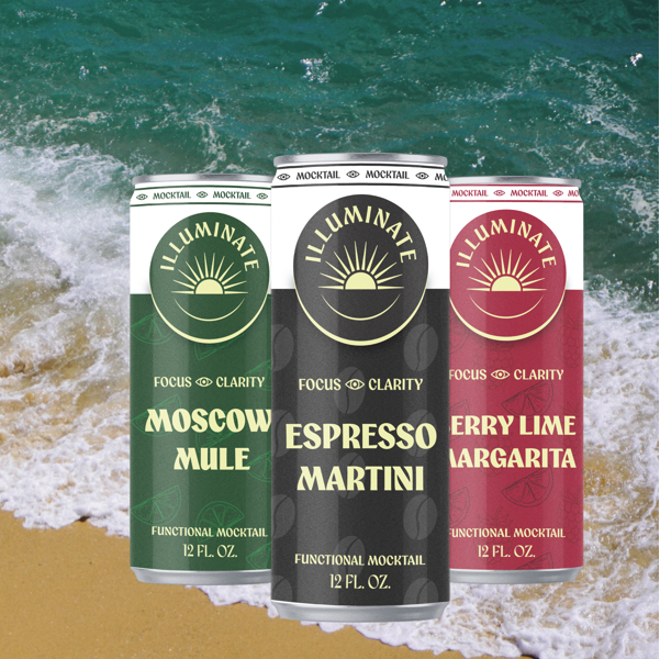Three illuminated drink cans displayed against a beach background with ocean waves. The cans are in Moscow Mule, Espresso Martini, and Berry Lime Margarita flavors.