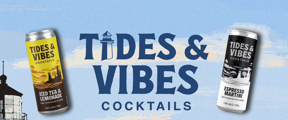 Two Tides & Vibes Cocktails cans displayed on a light blue background with the brand name 'TIDES & VIBES COCKTAILS' in large navy text between them. The left can is labeled 'Iced Tea & Lemonade' with a yellow and brown label, and the right can is labeled 'Espresso Martini' with a black and white label.